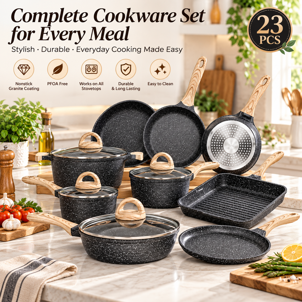 23 Piece Granite Cookware set With Ceramic Handles
