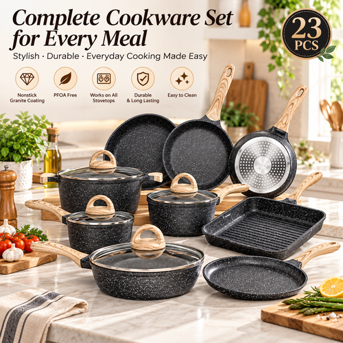 23 Piece Granite Cookware set With Ceramic Handles