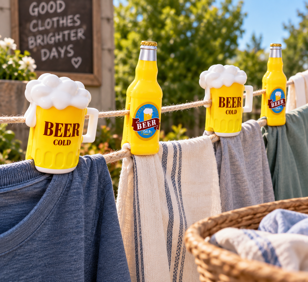 Novelty Clothesline Clips shaped like beer bottles