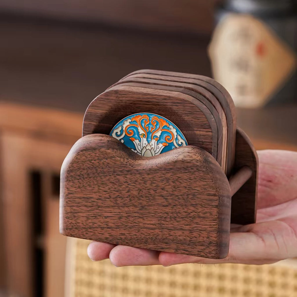 Walnut Enamel Coaster Set