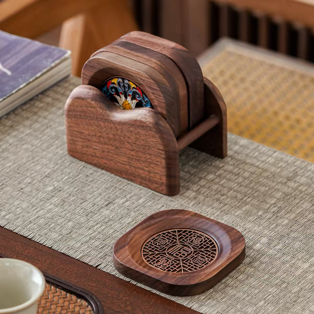Walnut Enamel Coaster Set