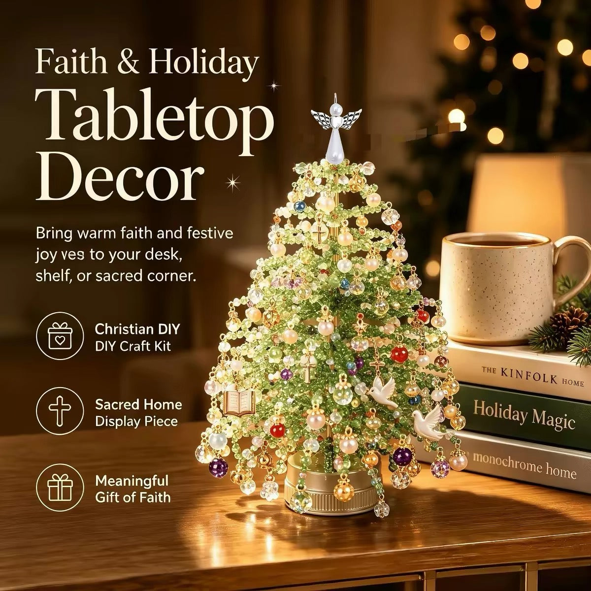 DIY light up beaded tree kit glowing with LED lights