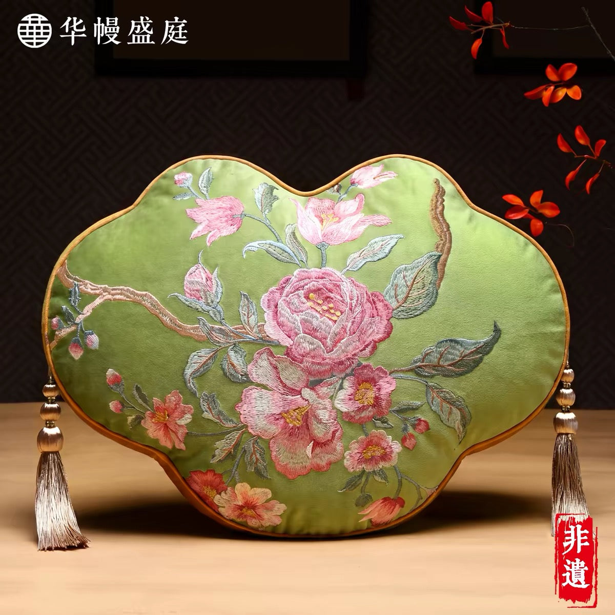 Hand embroidered heritage silk cushion, view 4