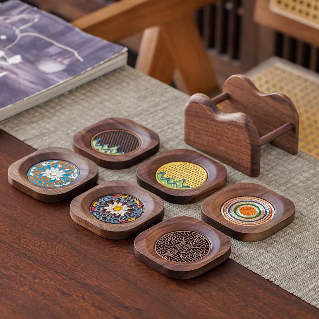Walnut Enamel Coaster Set