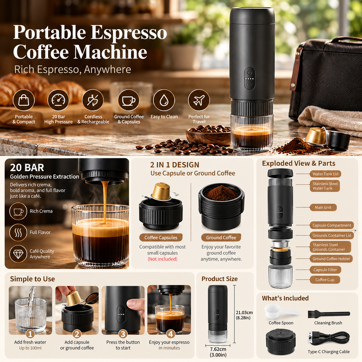 Portable Espresso Machine – 20 Bar, Self-Heating, view 2