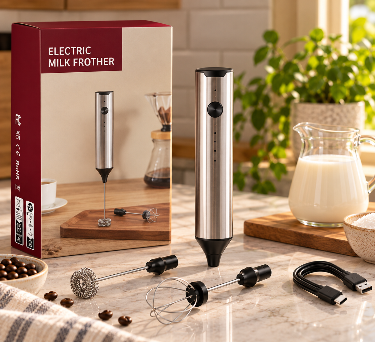 Rechargeable Milk Frother with 2 Detachable Whisks (KJBQ-15X)